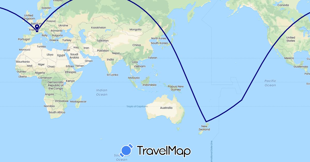 TravelMap itinerary: driving in France, Japan, New Zealand, United States (Asia, Europe, North America, Oceania)